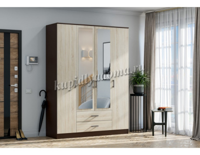 Шкаф распашной Нарус 4-х створчатый с ящиками с зеркалом (Венге/Дуб белфорт)