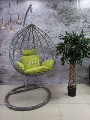 Кресло подвесное маленькое Кокон F-03 (Светло-серый ротанг/Зеленая подушка)