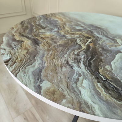 Стол обеденный круглый Стеклянный (Мрамор 3/Подстолье кросс черный)