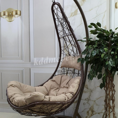 Кресло подвесное Кокон F-05 (Коричневый ротанг/Бежевая подушка)