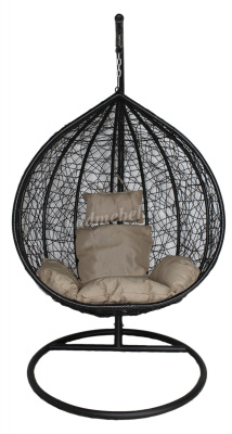 Кресло подвесное маленькое Кокон F-03 (Черный ротанг/Бежевая подушка)
