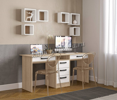 Стол-тандем письменный Лена СТН-2Я (Дуб сонома/Белый глянец)