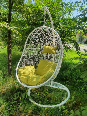 Кресло подвесное Кокон F-09 (Белый ротанг/Зеленая подушка)