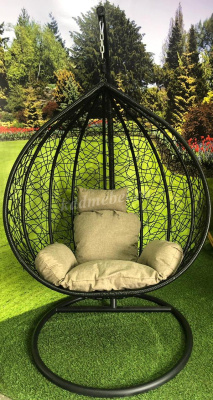 Кресло подвесное маленькое Кокон F-03 (Черный ротанг/Бежевая подушка)