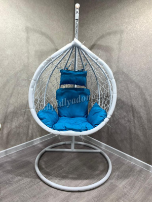 Кресло подвесное большое Кокон F-03 (Белый ротанг/Голубая подушка)
