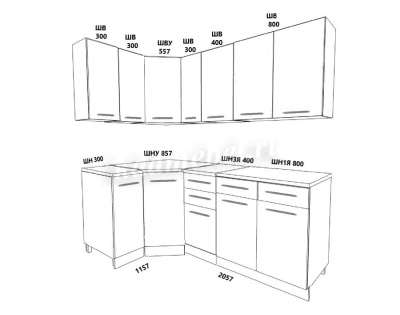 Кухня угловая Пасадена 1,15*2,05 ЛДСП (Белый брилиант/Ателье светлое/Кастилло) 