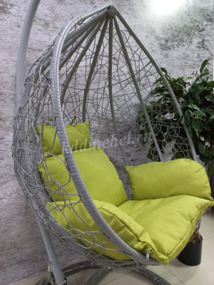 Кресло подвесное маленькое Кокон F-03 (Светло-серый ротанг/Зеленая подушка)