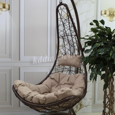 Кресло подвесное Кокон F-05 (Коричневый ротанг/Бежевая подушка)