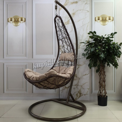 Кресло подвесное Кокон F-05 (Коричневый ротанг/Бежевая подушка)